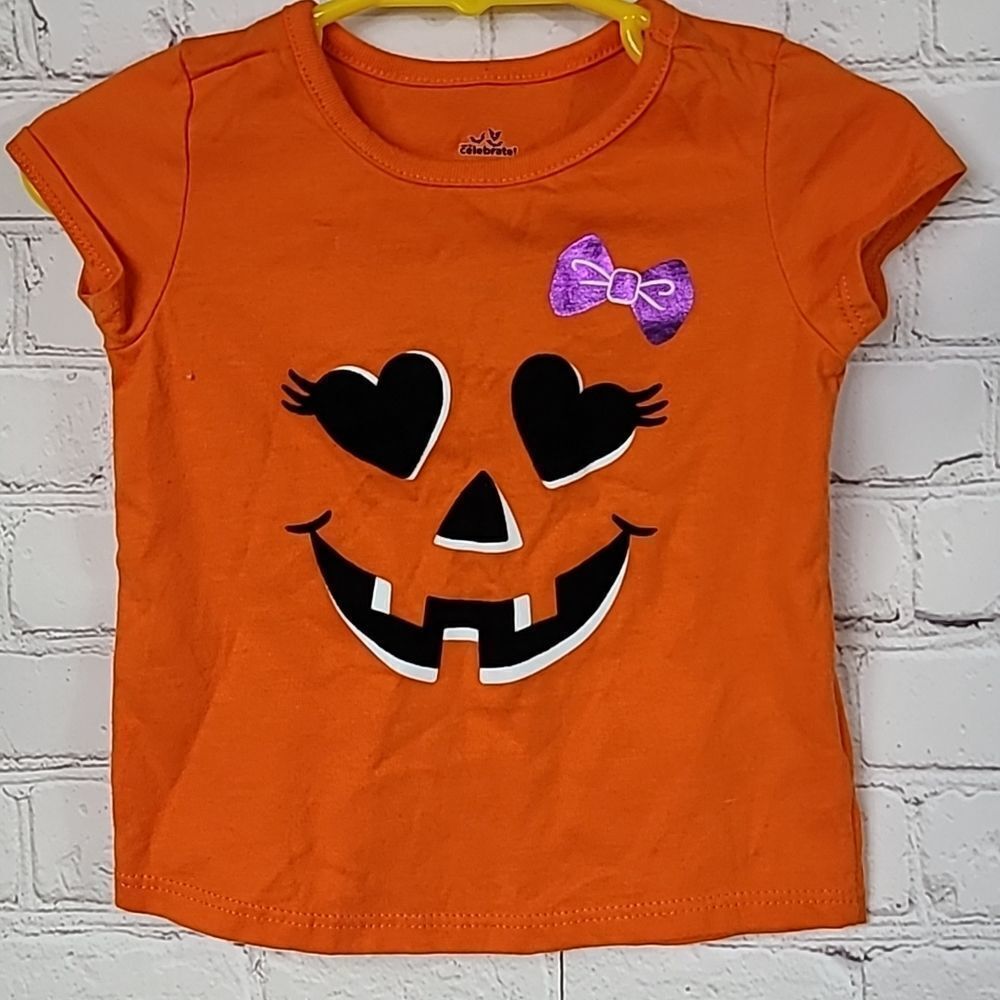 Baby Girls 12M Pumpkin Tee Orange Jack O'Lantern Velvet Flocked T-Shirt Top